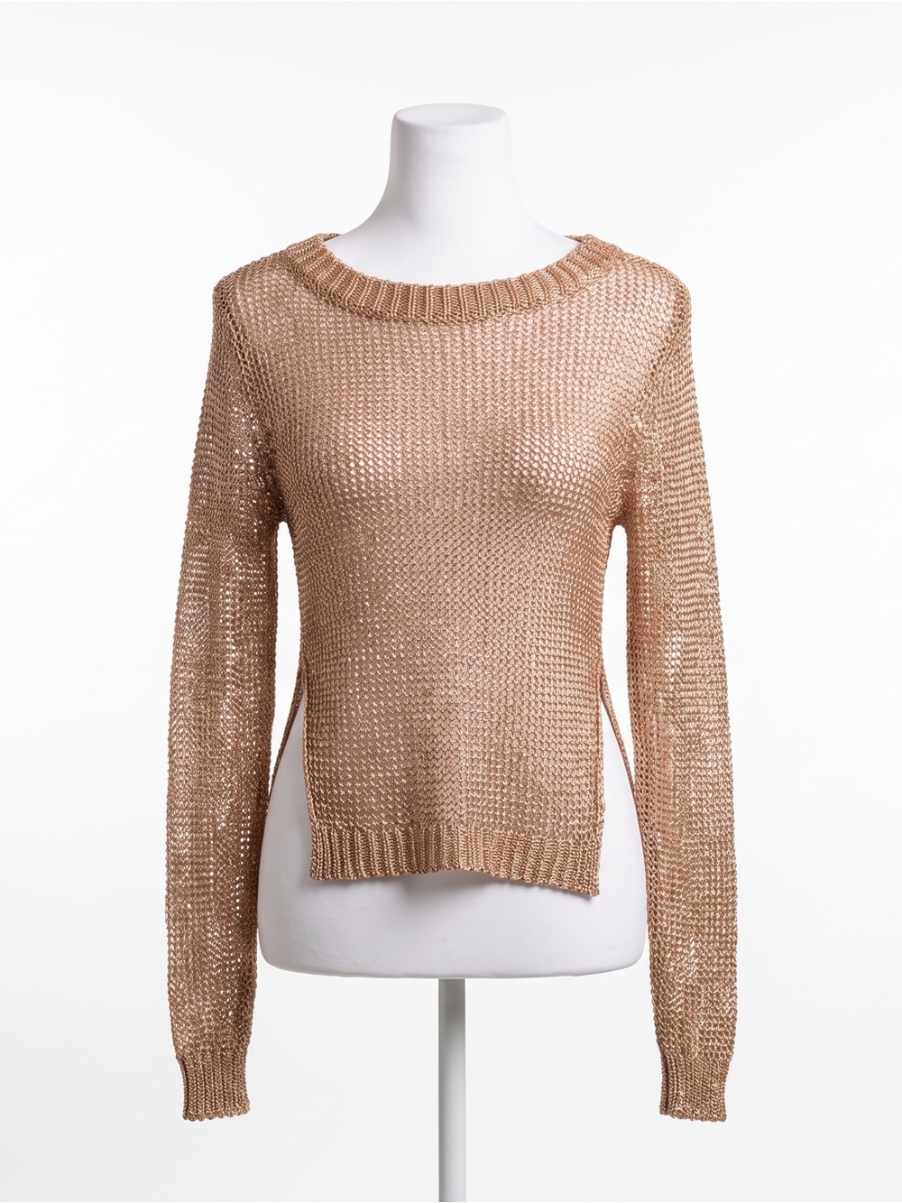 love J Open-Knit Scoop Crewneck Split Hem Sweater in Metallic Gold - Small, NWOT